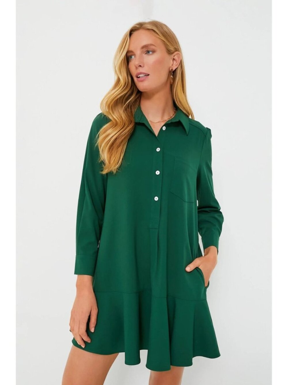 Tuckernuck Callahan Sm Green Long Sleeve Button-Front Flounce Hem Mini Dress